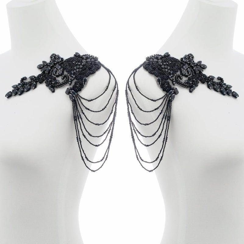 amusediy Black Pair Beaded Rhinestones Applique Embellishment for Clothes,Epaulettes Shoulder Patches Sew-on Diamond Sequin Applique for Wedding Dress DIY Accessories - Image 2